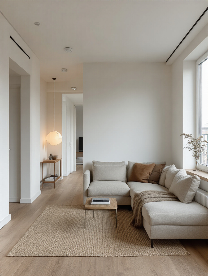 Portrait image of a modern apartment living room with optimized traffic flow and clear seating arrangement