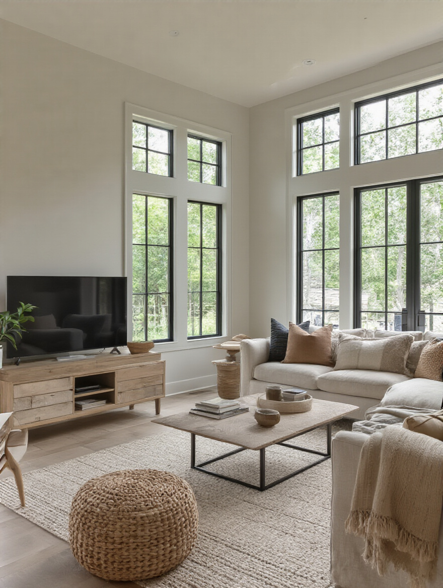 A beautifully arranged living room showcasing optimal furniture flow with distinct zones for various activities.
