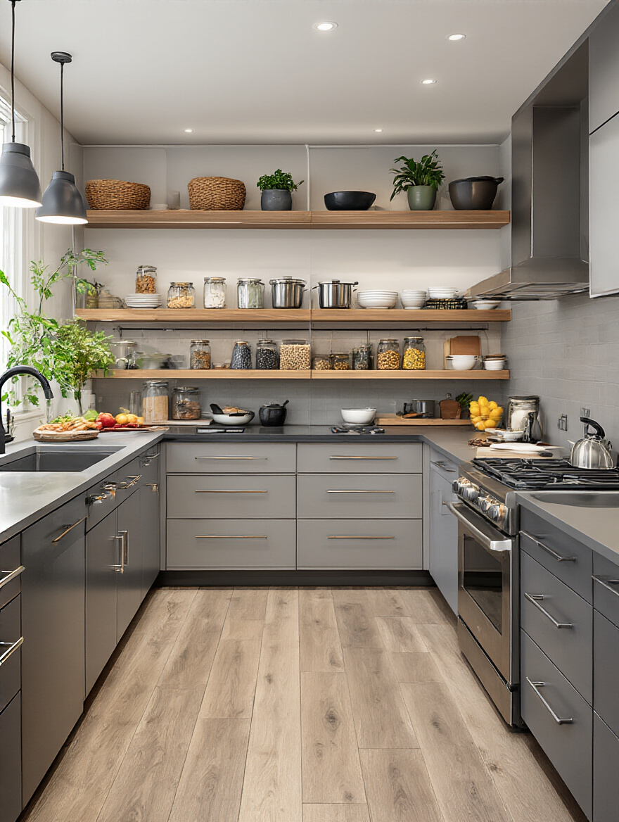 Modern kitchen interior showing mapped workflow zones for efficiency and accessibility with organized storage, prep, cooking, and cleaning areas