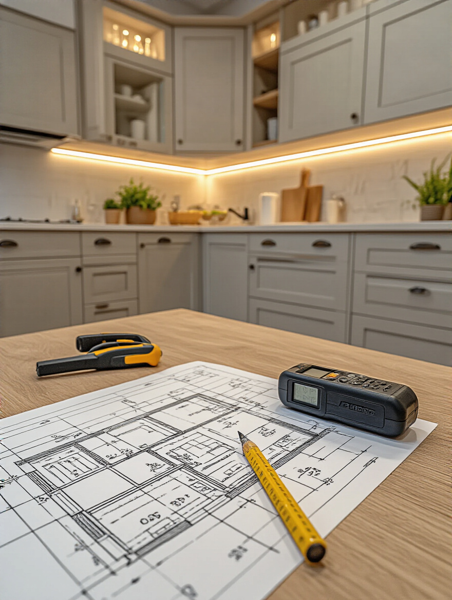 Modern kitchen interior with cabinetry, laser distance measurer, and kitchen layout sketches showing precise measurement for seamless cabinet fit