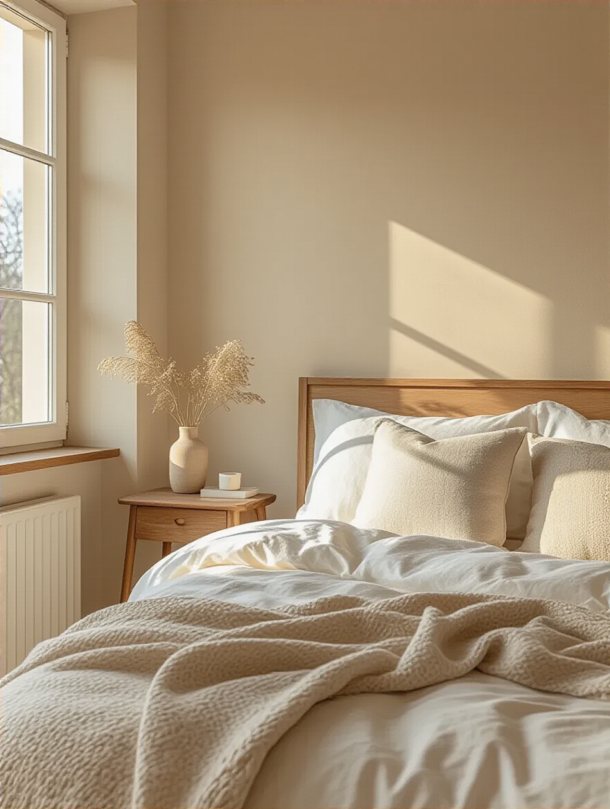 Portrait of a beige bedroom corner showcasing perfectly matched beige undertones with natural lighting and harmonious decor