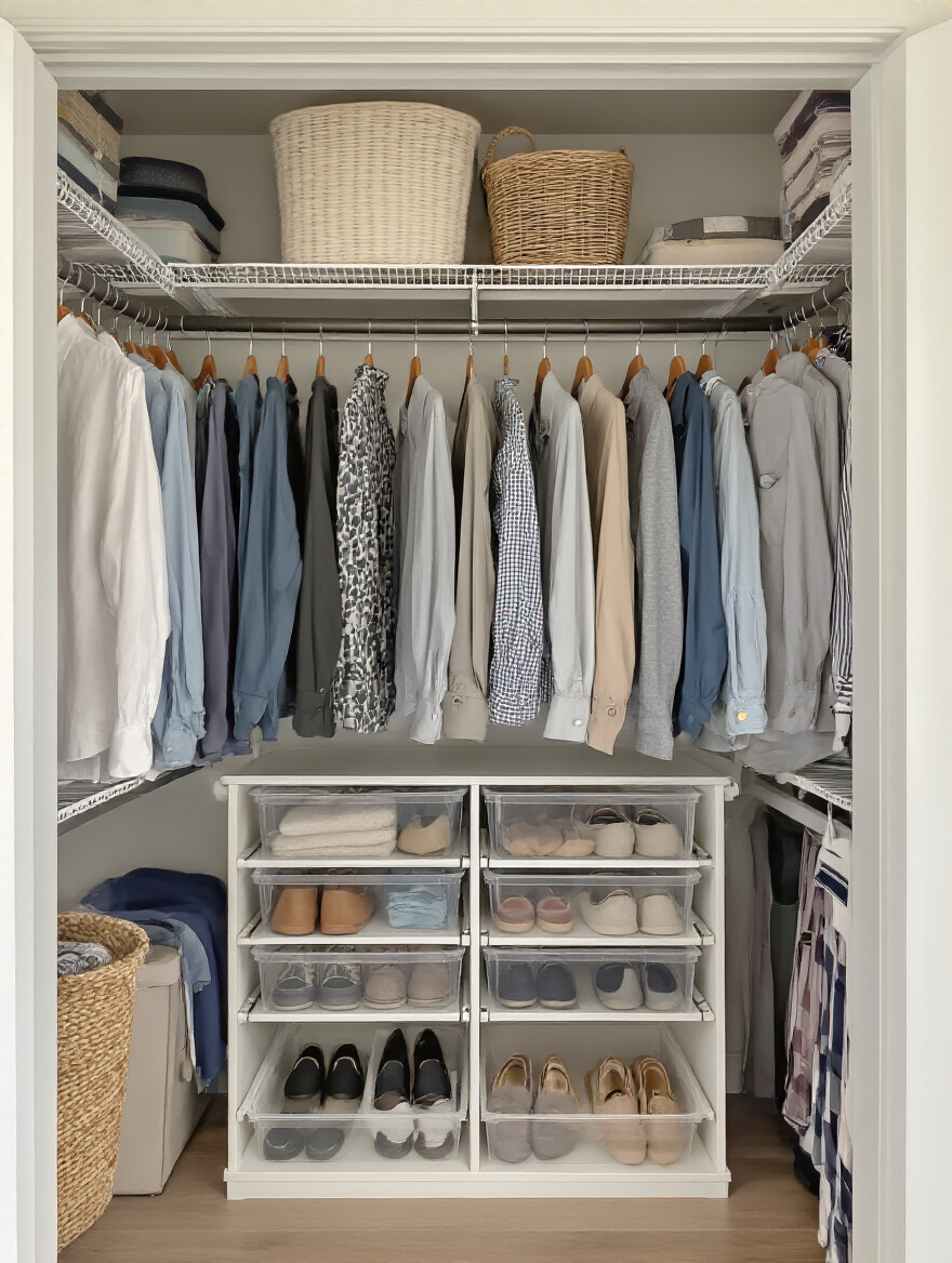 Small bedroom closet organized with double rods and adjustable shelves, neatly arranged clothes and storage bins
