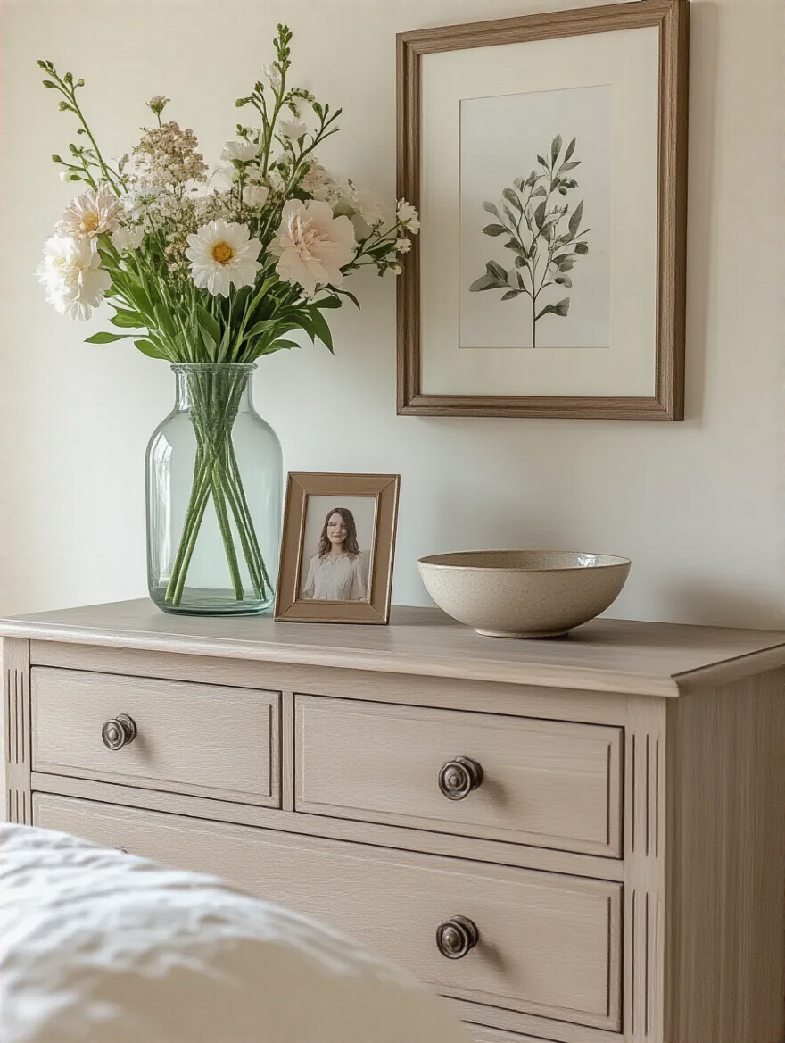 Organized dresser top space with decorative items in a serene bedroom
