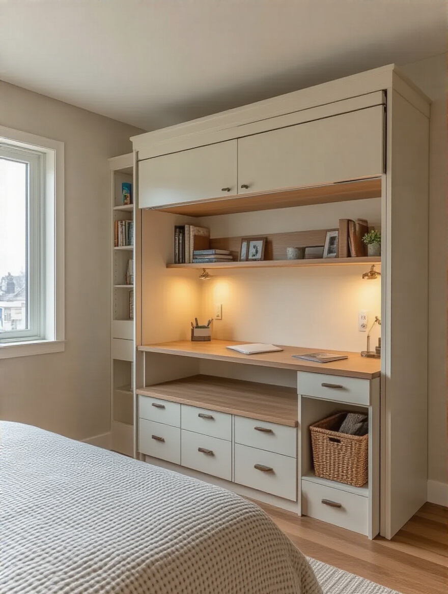 Small bedroom featuring multi-functional furniture with a Murphy bed and desk setup.