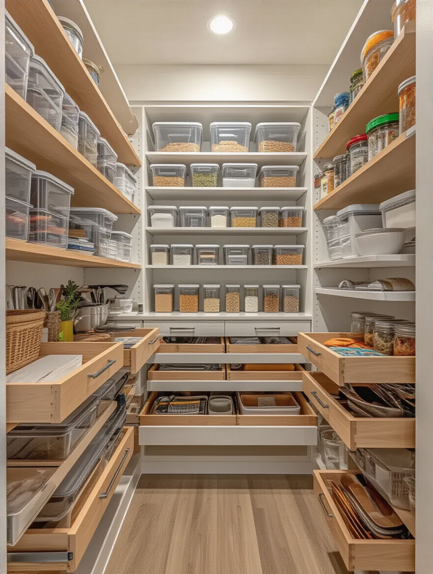 Organized kitchen pantry with smart storage solutions and drawer dividers in a modern kitchen