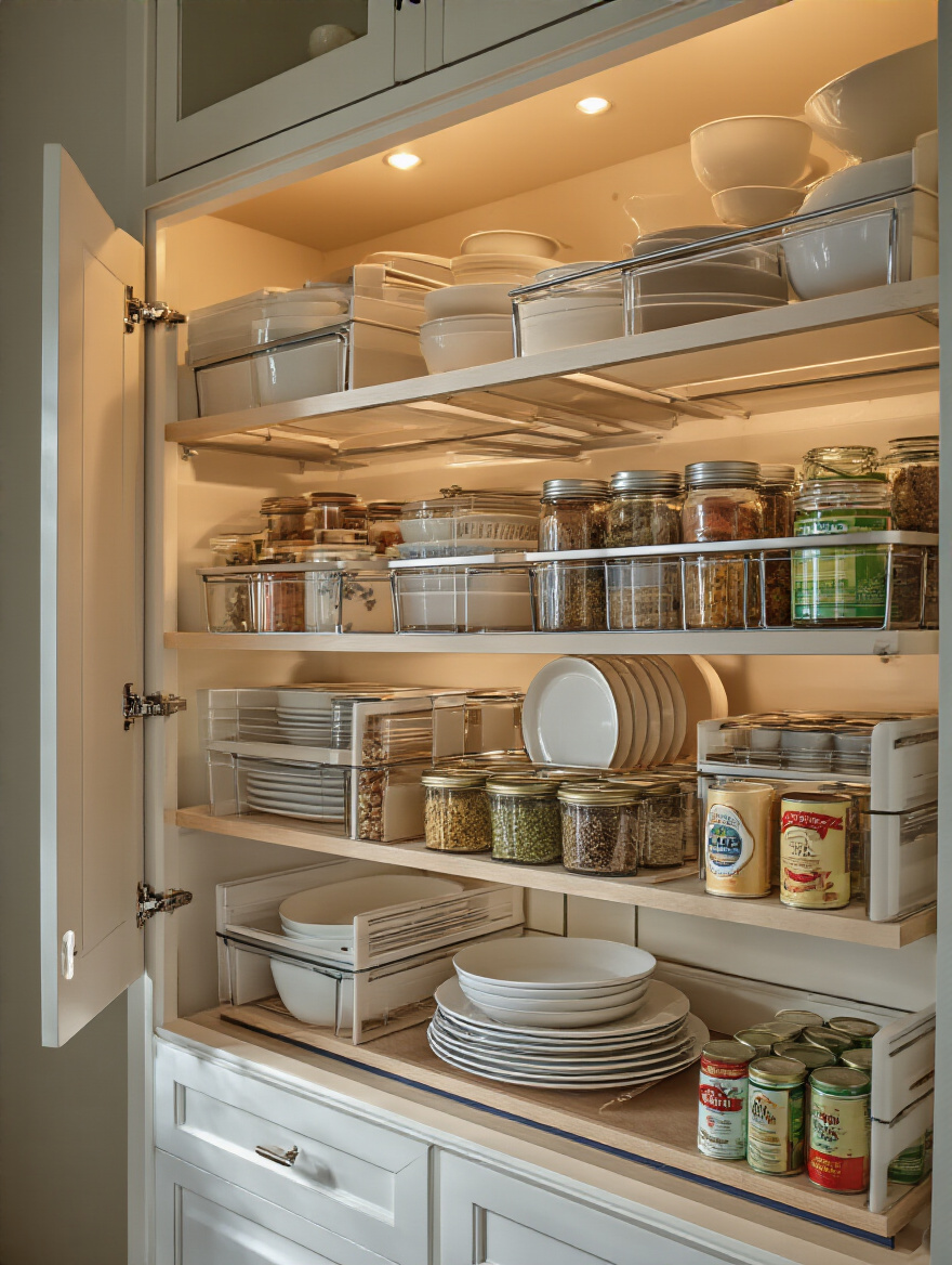 Organized kitchen cabinet featuring stackable shelf inserts