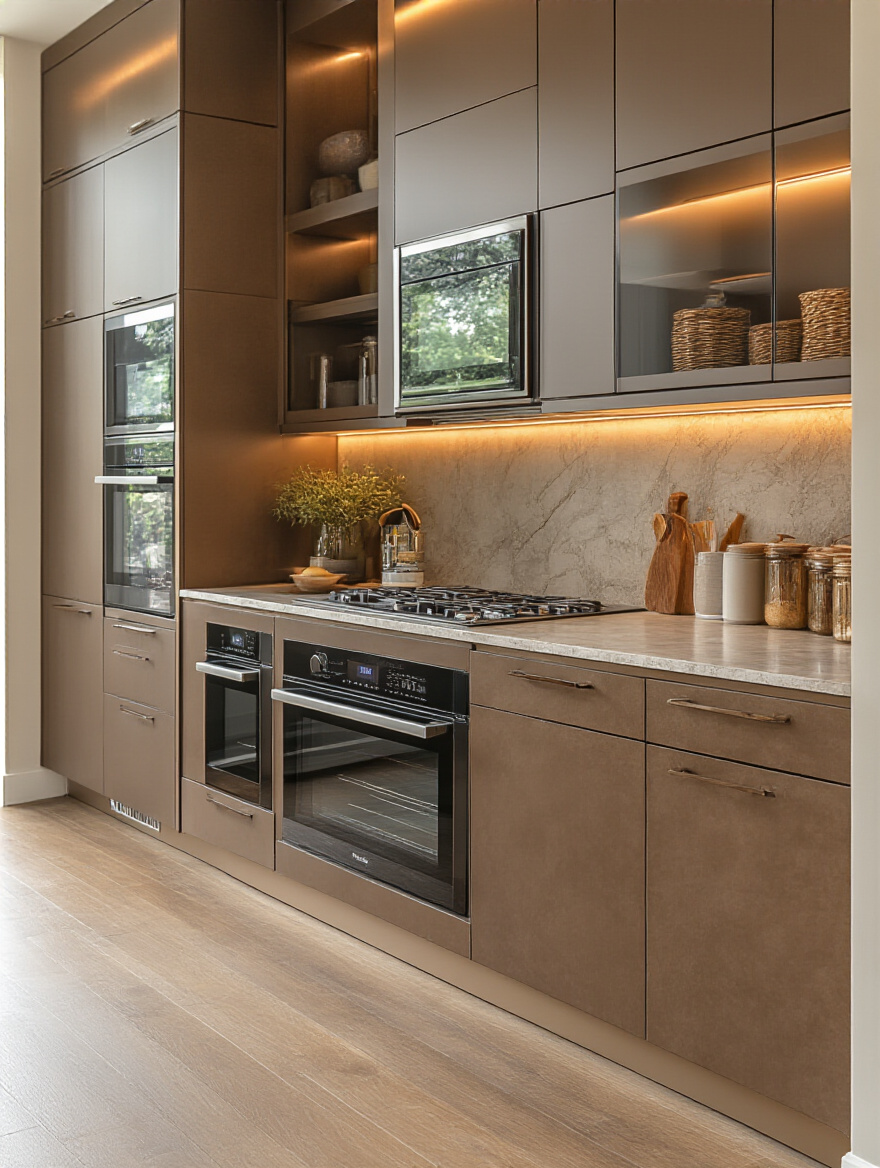 Modern kitchen showcasing seamless brown integrated appliance panels with warm lighting.