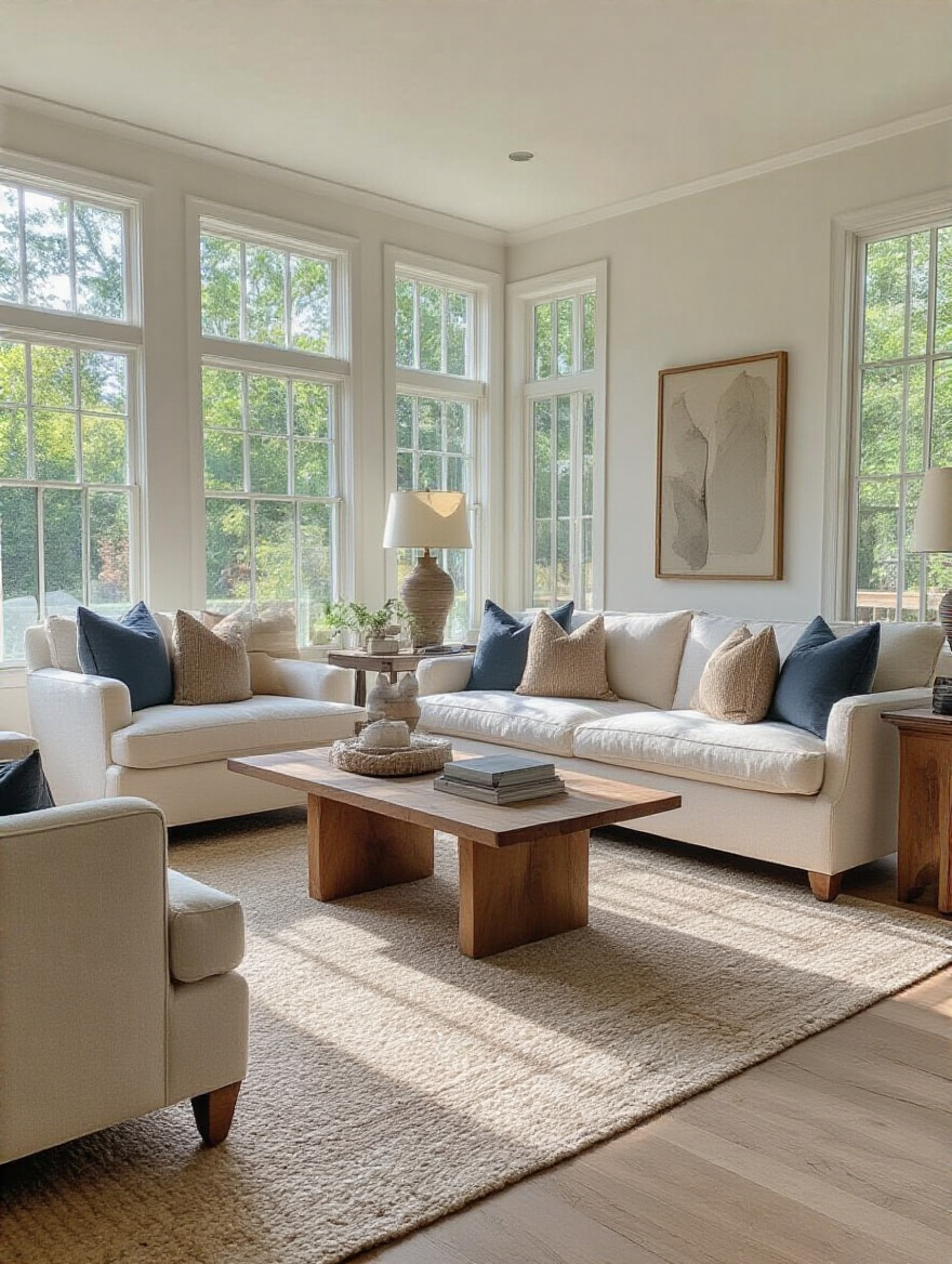 A well-lit living room with perfectly fitting furniture arranged harmoniously.