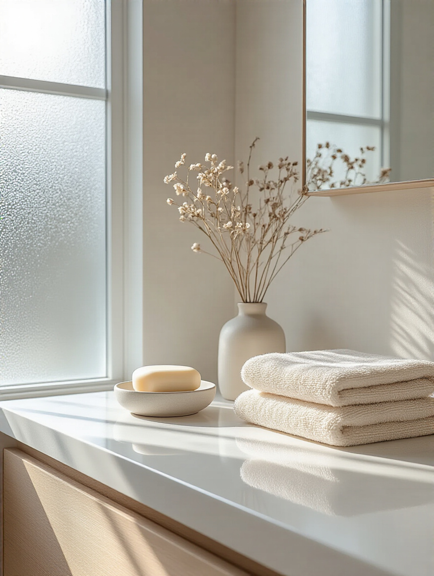 Minimalist bathroom vanity with one ceramic soap dish and a folded towel as intentional decor accents