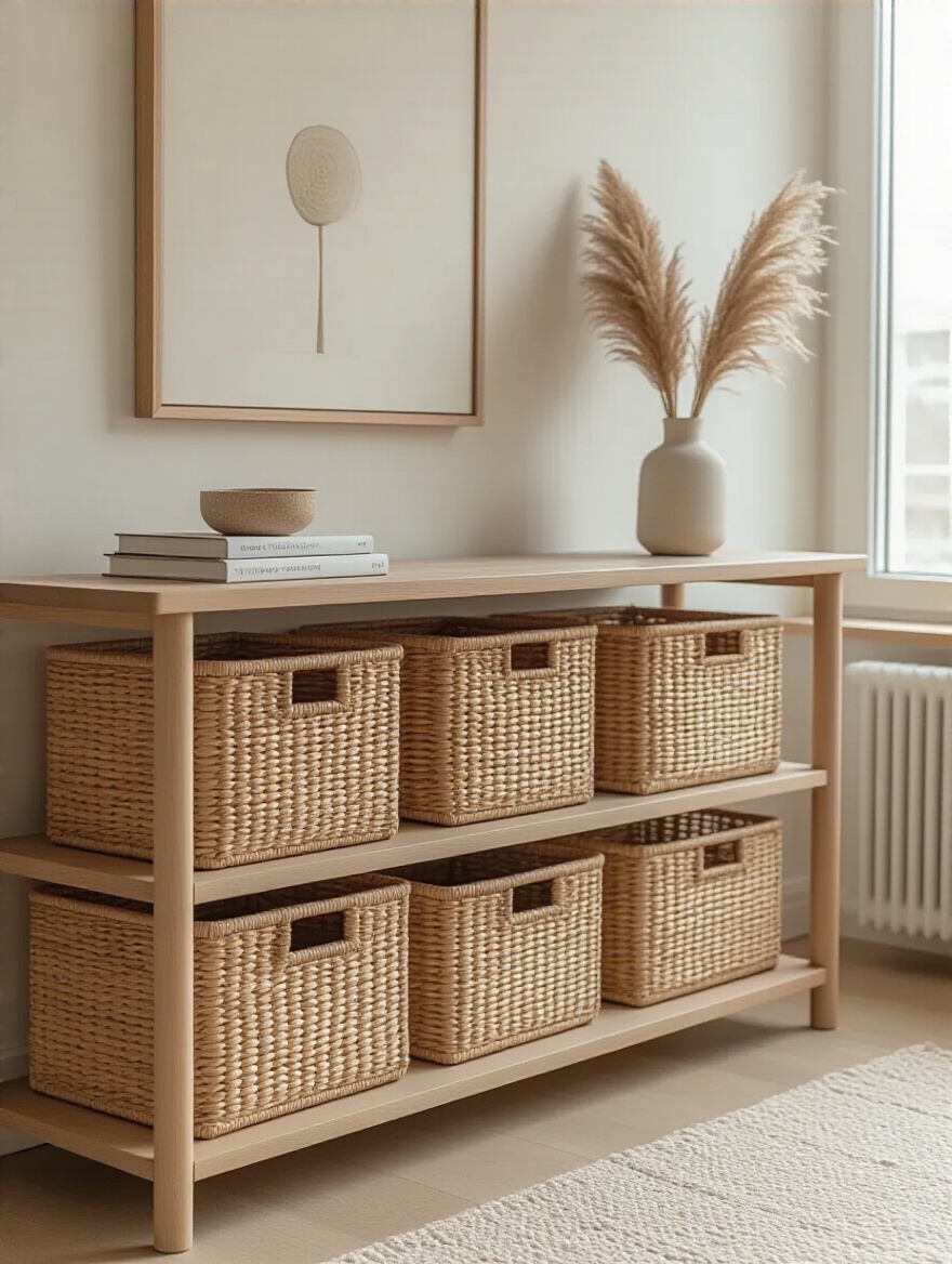 Minimalist apartment living room with cohesive woven rattan storage baskets under a console table, showcasing clutter-free and stylish organization