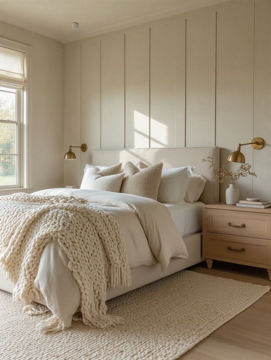 Beige bedroom with fluted oak accent wall, polished plaster nightstands, chunky knit wool throw, and brass fixtures illustrating diverse material finishes on surfaces and walls