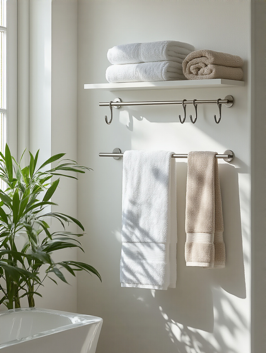 Minimalist bathroom with strategically mounted towel bars and hooks reducing clutter