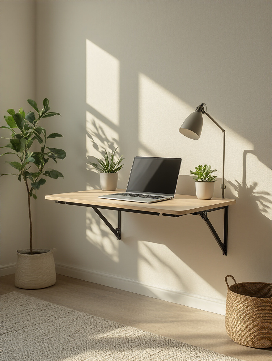 Small bedroom with a folded-down wall-mounted desk in use, showing a neat and modern workspace with no people