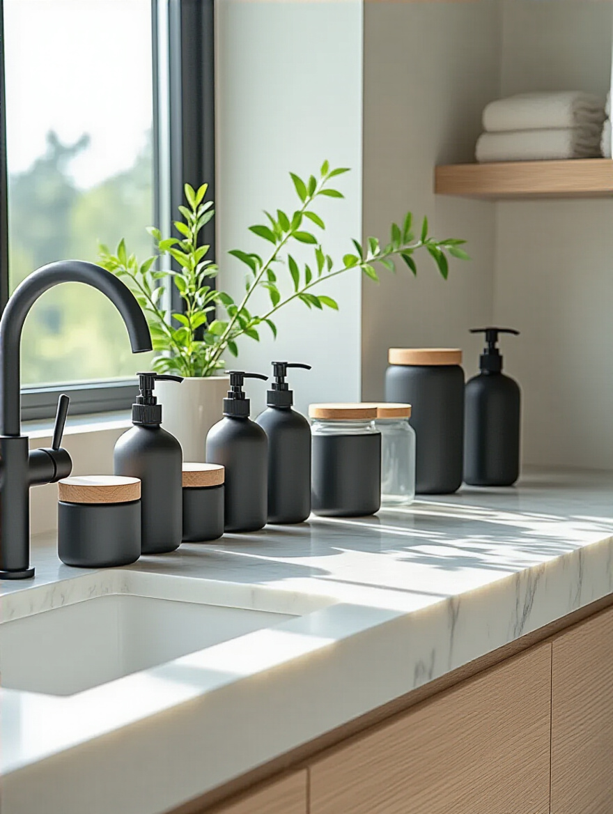 Minimalist bathroom countertop with uniform matte black and frosted glass containers arranged neatly for visual harmony
