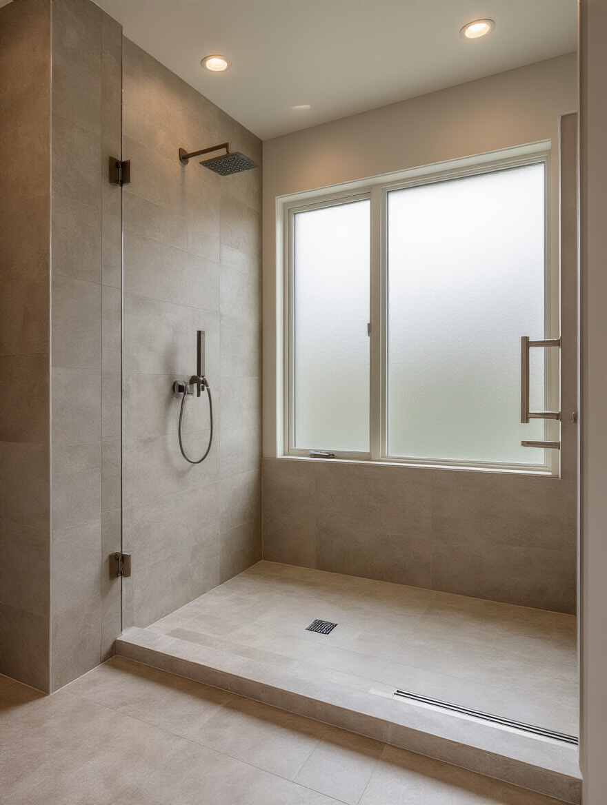 Minimalist bathroom with a curbless shower featuring large format tiles and a linear drain, creating a seamless and open look