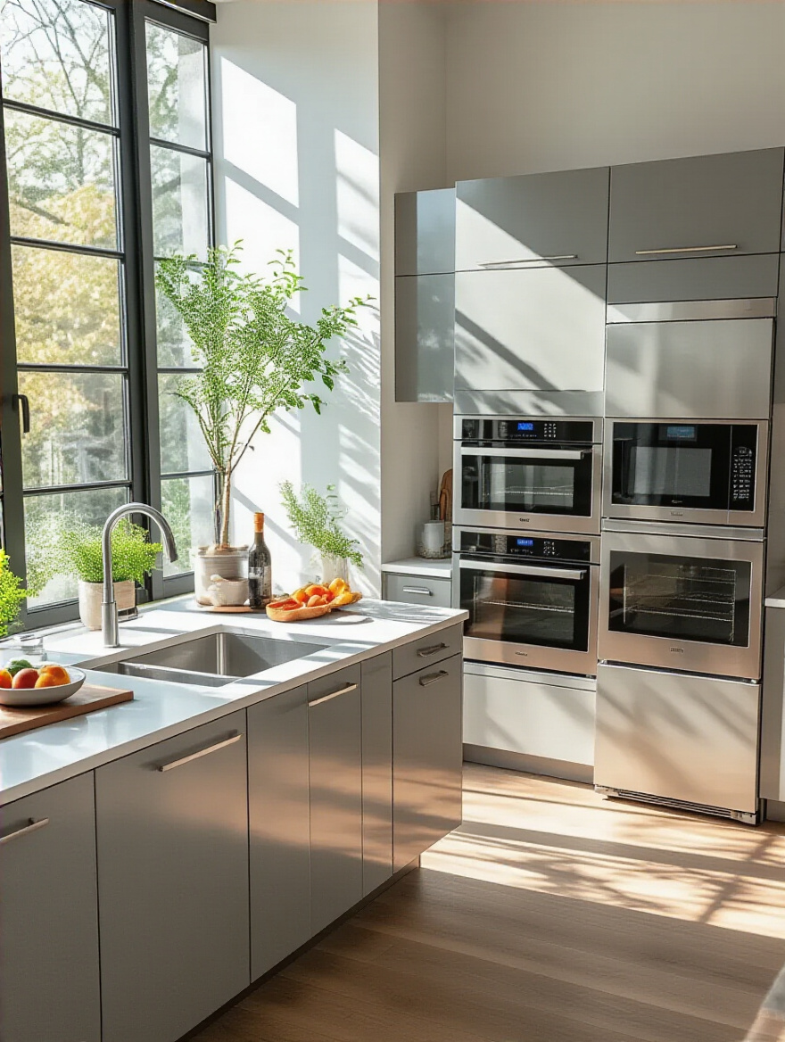 Modern kitchen with optimized appliance placement showcasing refrigerator, oven, microwave, sink, and cooktop arranged for efficient workflow