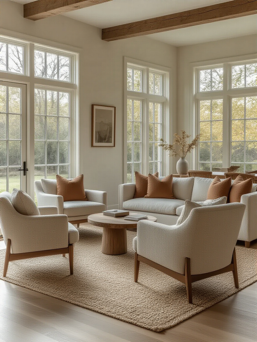 Living room with chairs optimally placed for improved flow and conversation, showing clear pathways and balanced furniture arrangement
