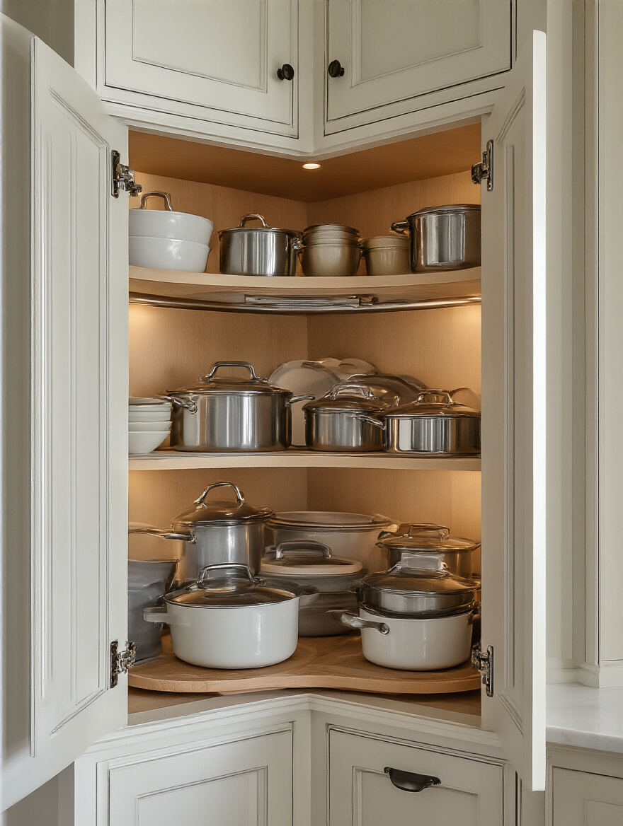 D-shaped lazy susan in a corner cabinet filled with pots and kitchen items