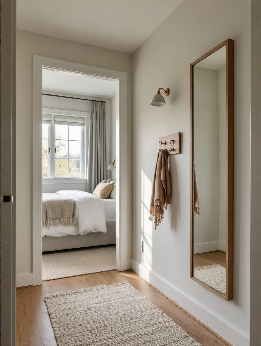 Well-lit small bedroom entryway with large mirror and slim wall organizer, showing inviting and spacious design