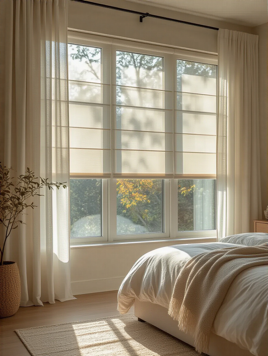 Modern bedroom window with layered sheer and blackout window treatments optimizing natural light