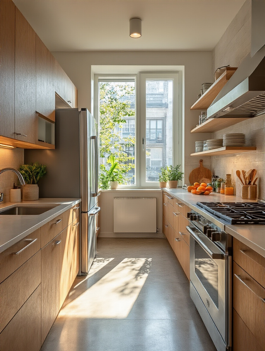 Modern kitchen design showcasing the ergonomic work triangle layout with refrigerator, sink, and range.