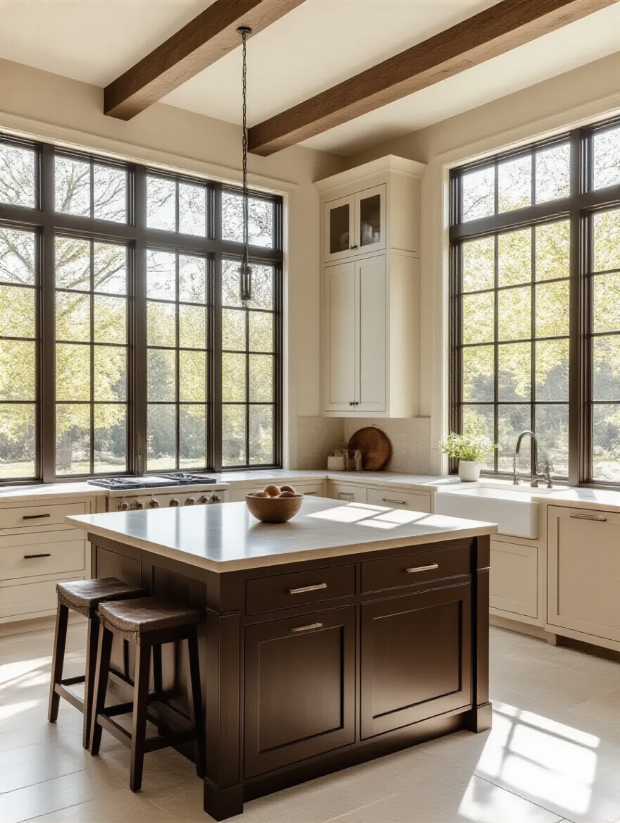 Elegant kitchen design featuring brown furniture and optimized layout for functionality.