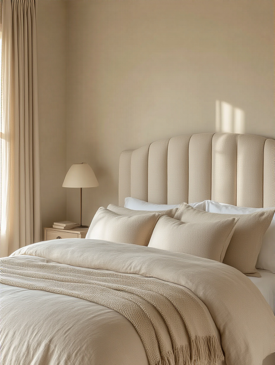 Beige bedroom with a plush upholstered headboard adding softness and warmth