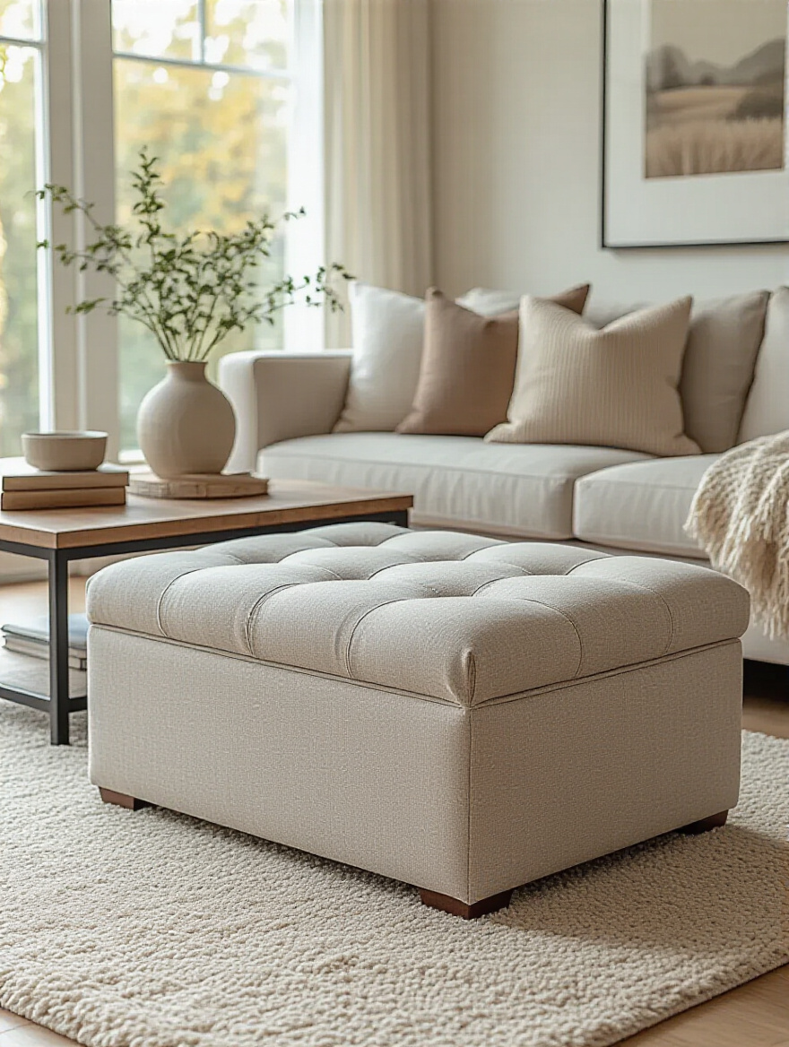 Stylish living room featuring a storage ottoman with open lid and cozy decor