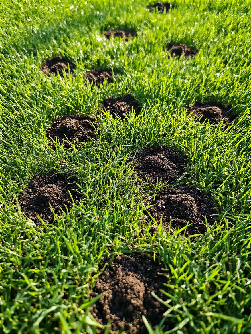 Close-up portrait of freshly aerated lawn with visible soil plugs showing improved nutrient absorption