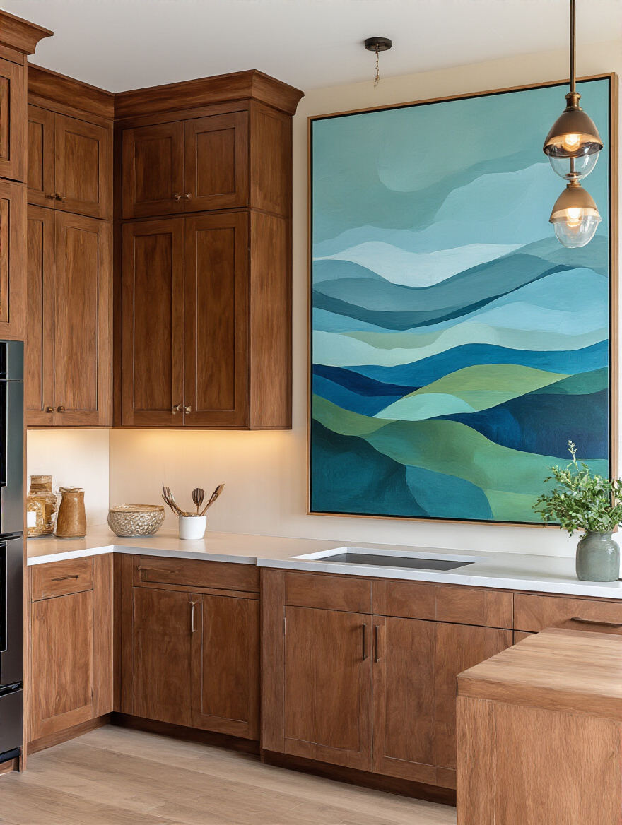 A brown kitchen featuring unique artwork that adds personality and warmth to the space.