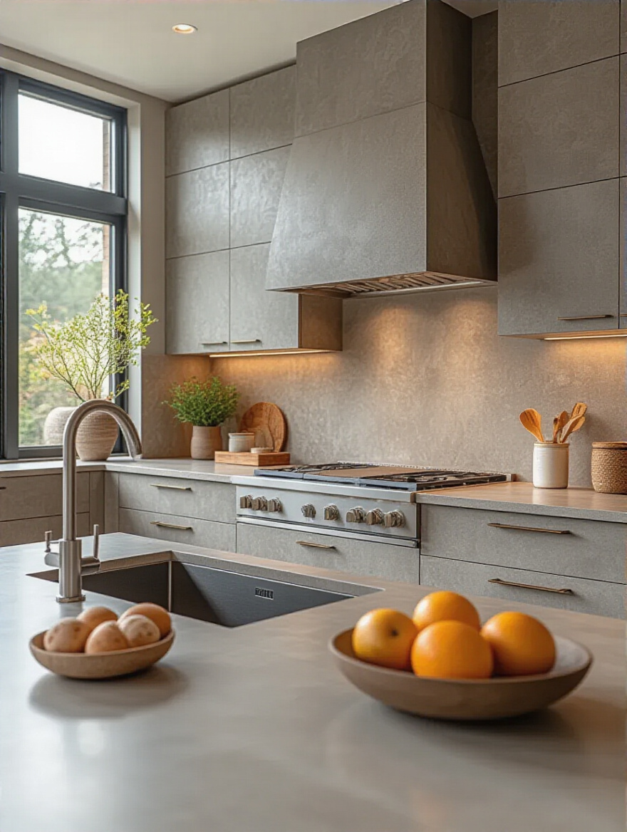 Modern kitchen with large-format porcelain slab backsplash extending to ceiling, showcasing texture and wall protection