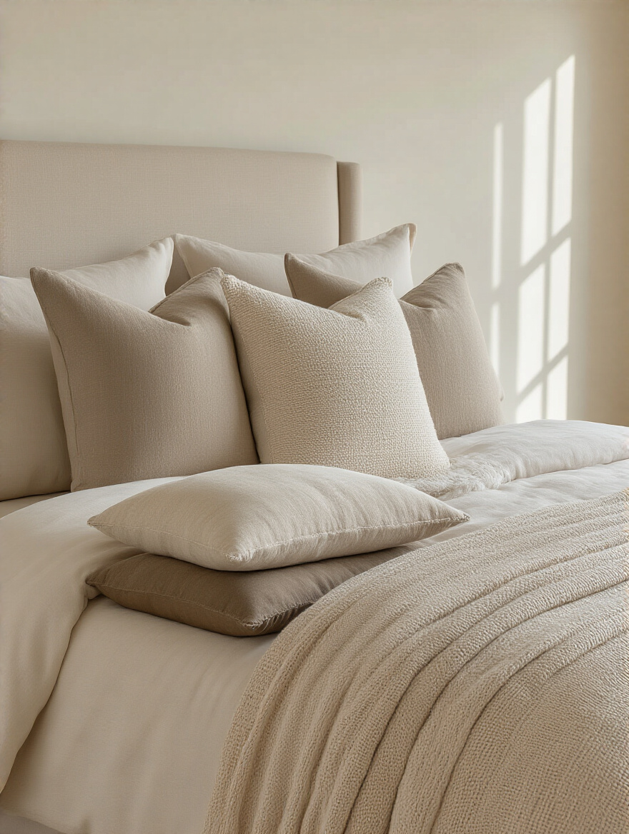 Beige bedroom bed with piled decorative cushions in layered sizes and textures for comfort and style