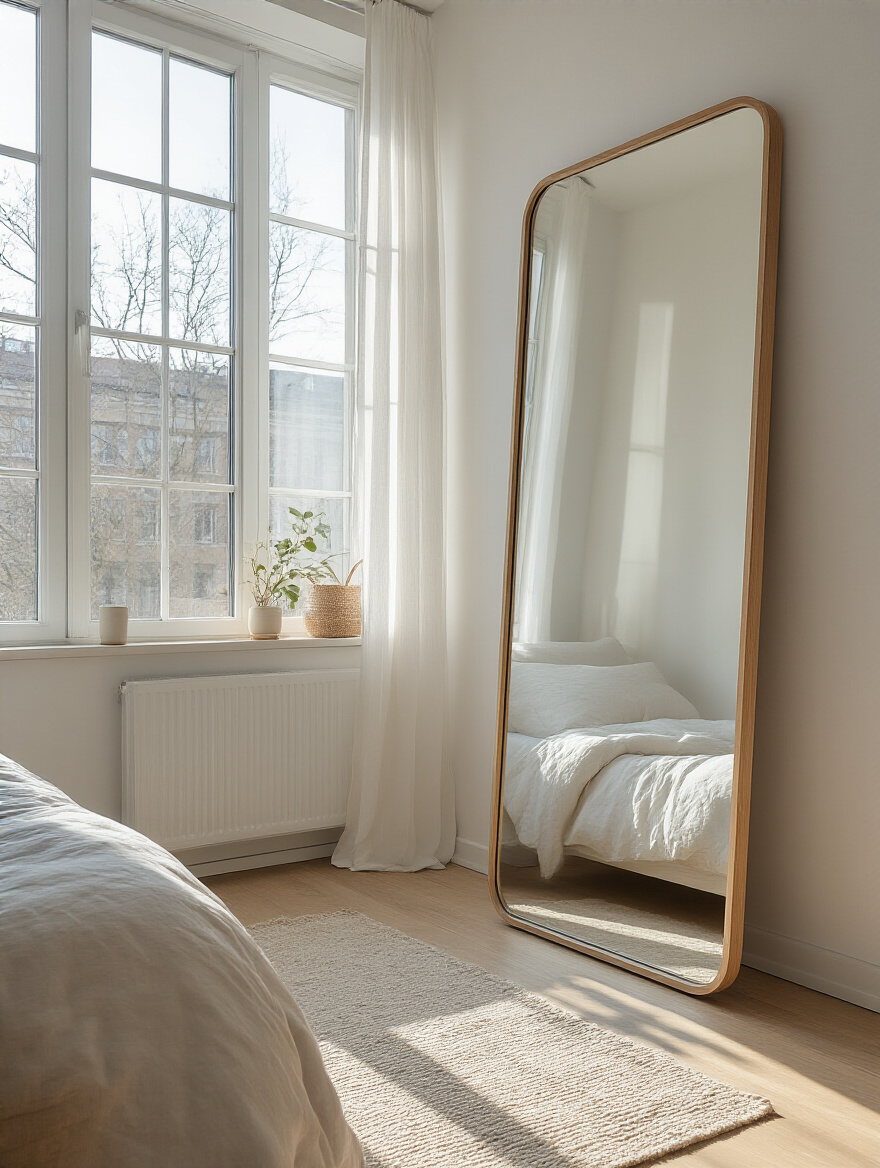 Large floor-length mirror in a bright small bedroom reflecting natural light to enhance space