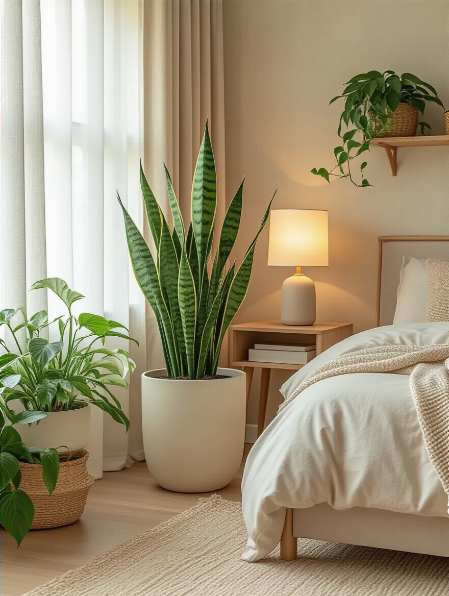 Serene beige bedroom with strategically placed greenery in ceramic pots and woven baskets, highlighting organic vibrancy and biophilic design.