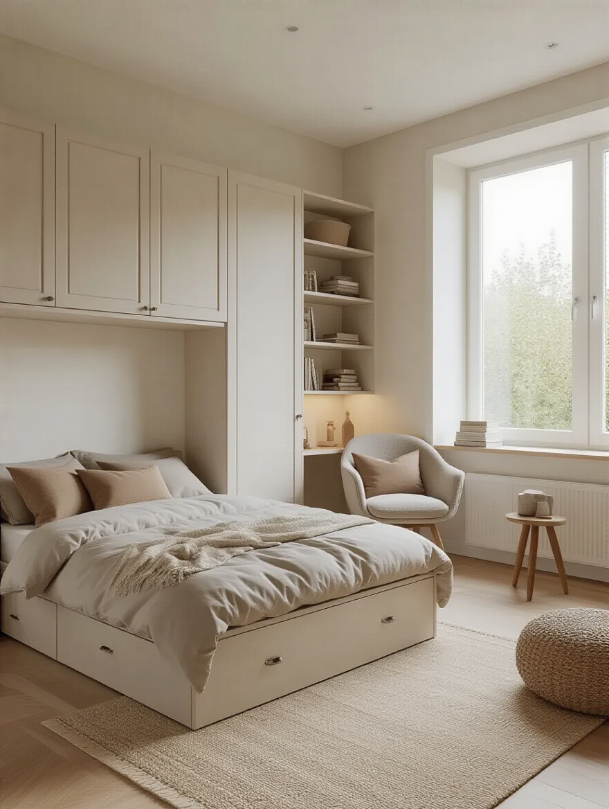 Adaptable bedroom furniture layout with natural lighting