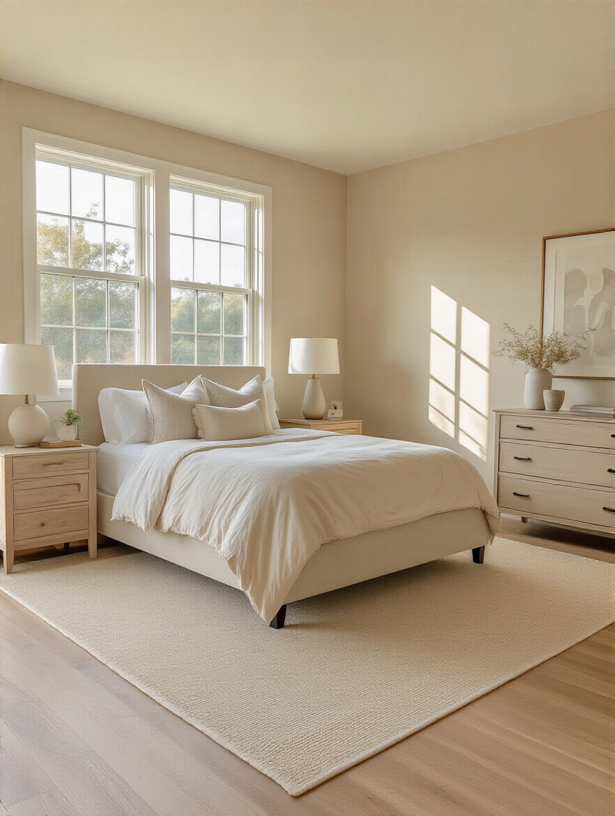 Serene beige bedroom with well-planned furniture layout showing seamless flow and functional design