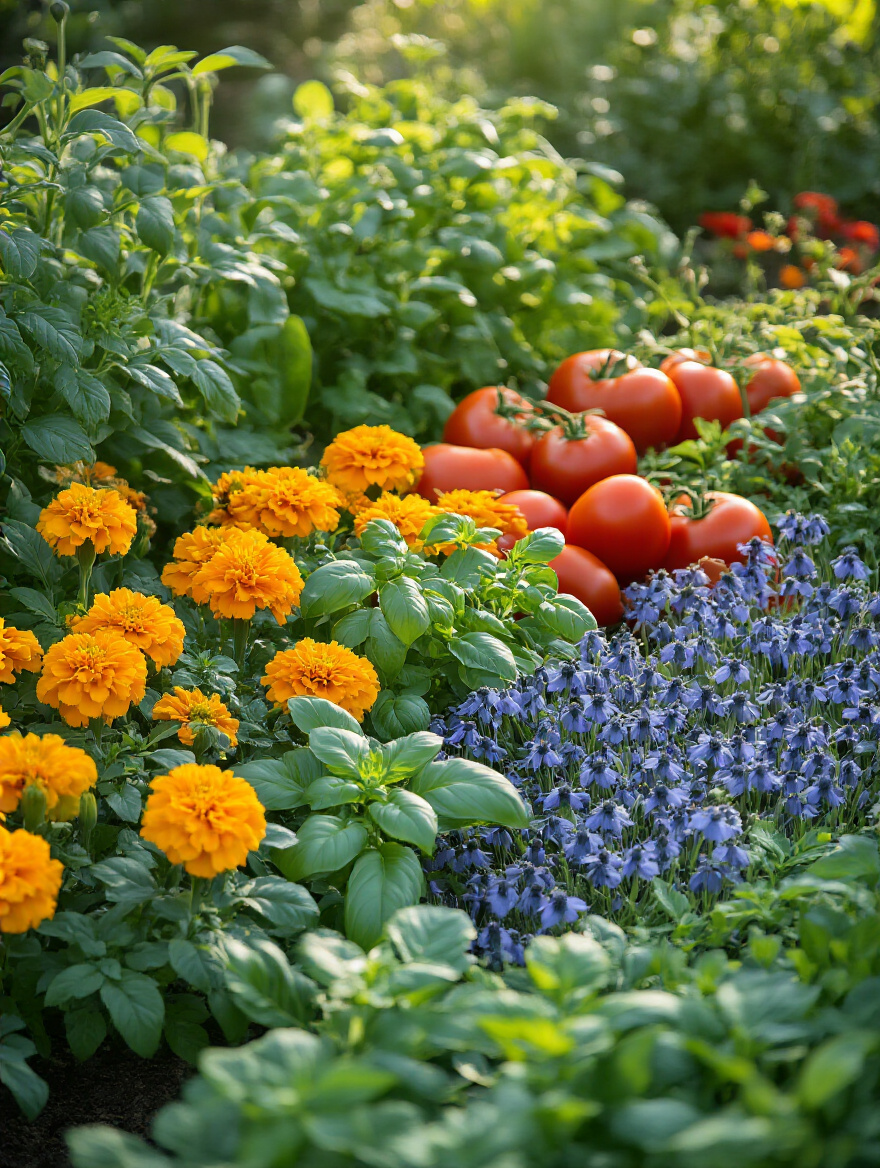 Close-up portrait of a companion planting garden bed with marigolds, tomatoes, and herbs showcasing enhanced plant protection
