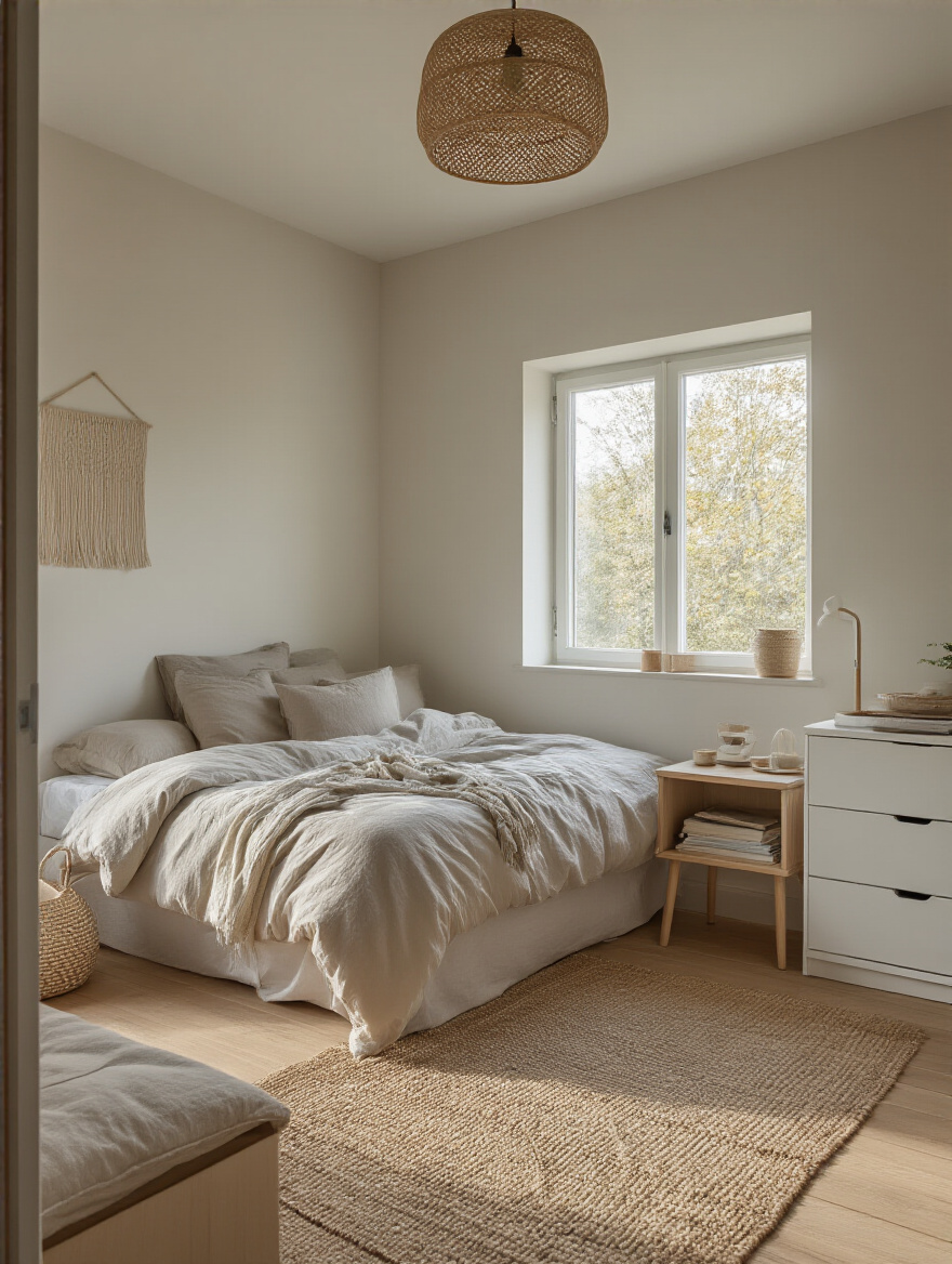 Minimalist small bedroom with prioritized essential furniture and clear usable floor space, natural lighting