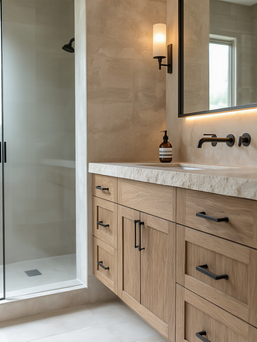 Minimalist bathroom corner with natural stone countertop, solid wood cabinetry, matte black brass fixtures, and porcelain tile flooring