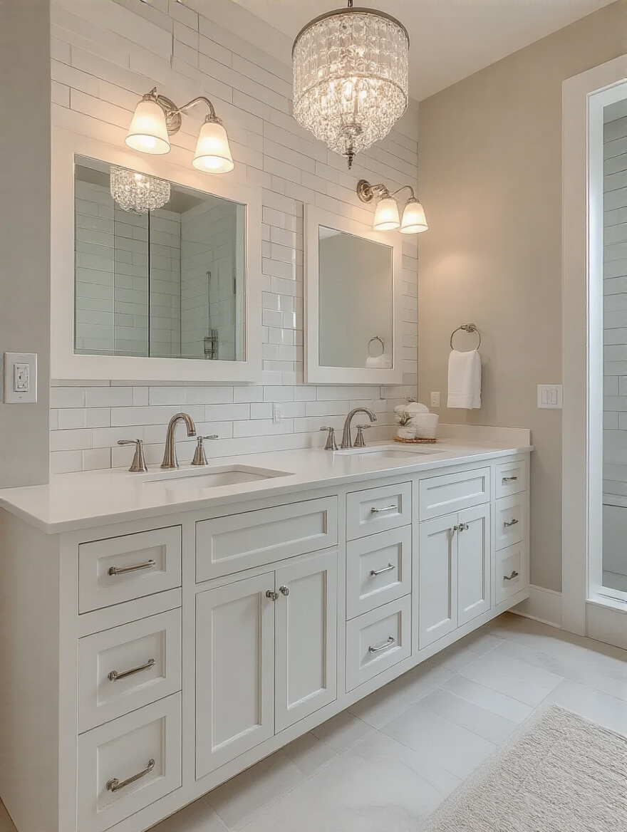 A master bathroom designed with timeless finishes and universal appeal, featuring a sleek double vanity and classic tiles.