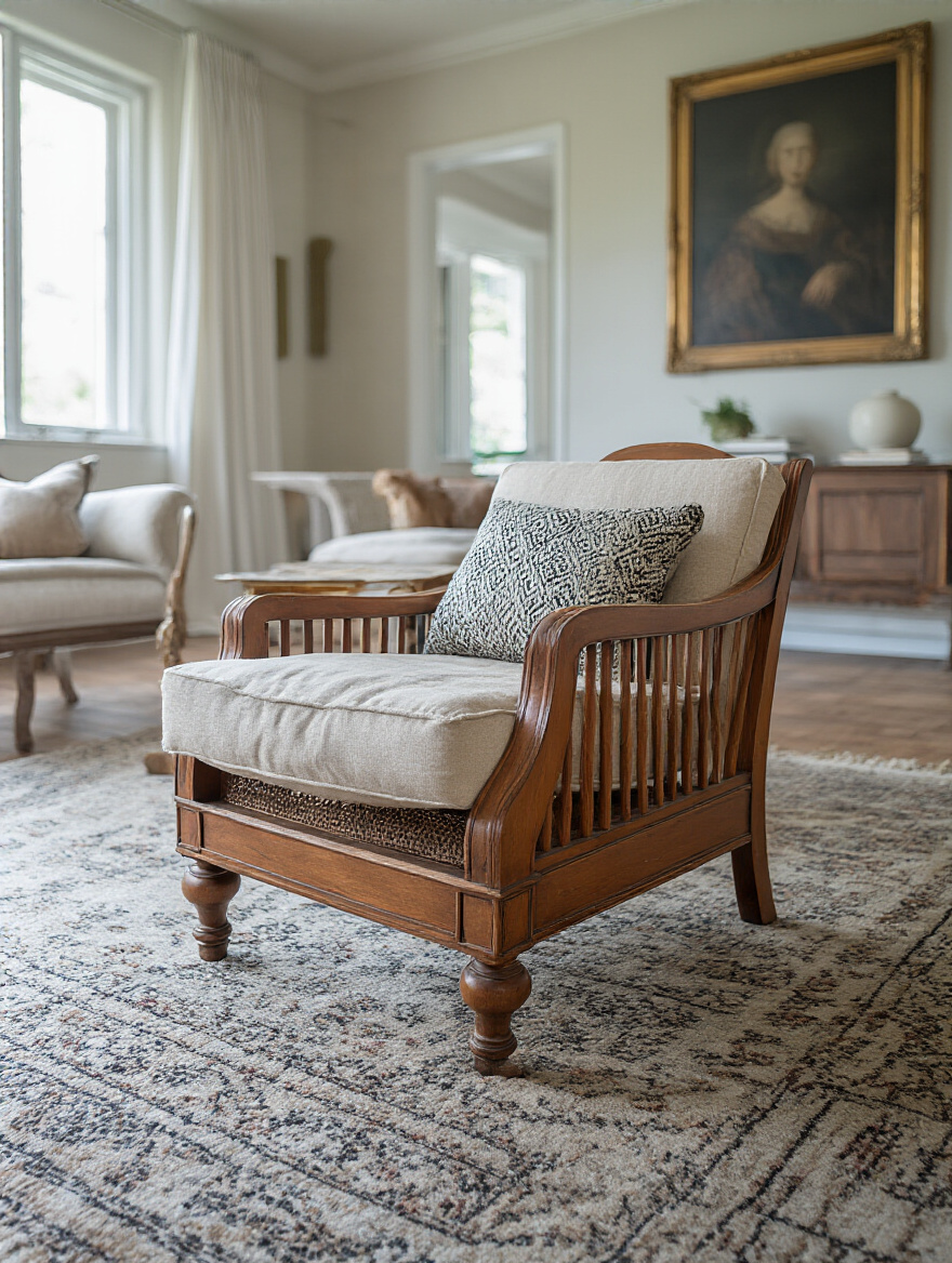 Refurbished older wooden living room chair with fresh stain finish in cozy stylish setting