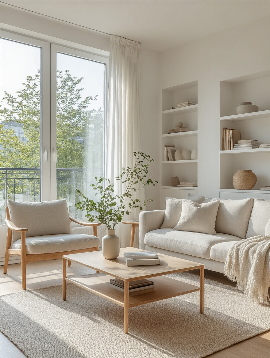 Modern apartment living room with tidy, minimal decor and ample natural light illustrating decluttering benefits