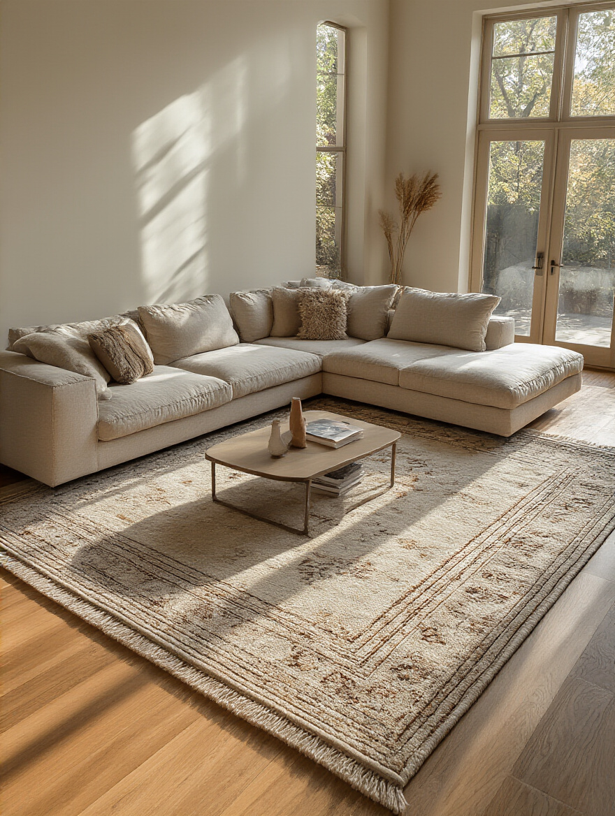 Living room with large textured area rug under sectional sofa