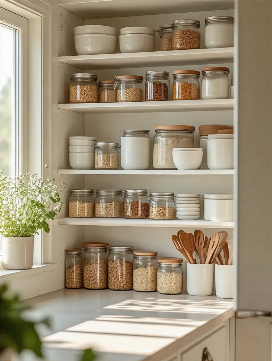 Organized kitchen cabinet with jars and containers neatly arranged