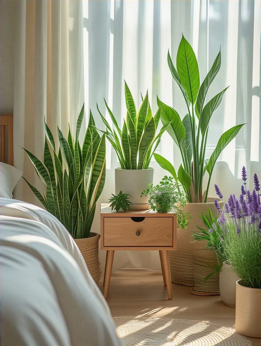 Portrait photo of a peaceful bedroom corner with calming indoor plants like Snake Plant and Lavender arranged on nightstands and floor pots under soft natural light