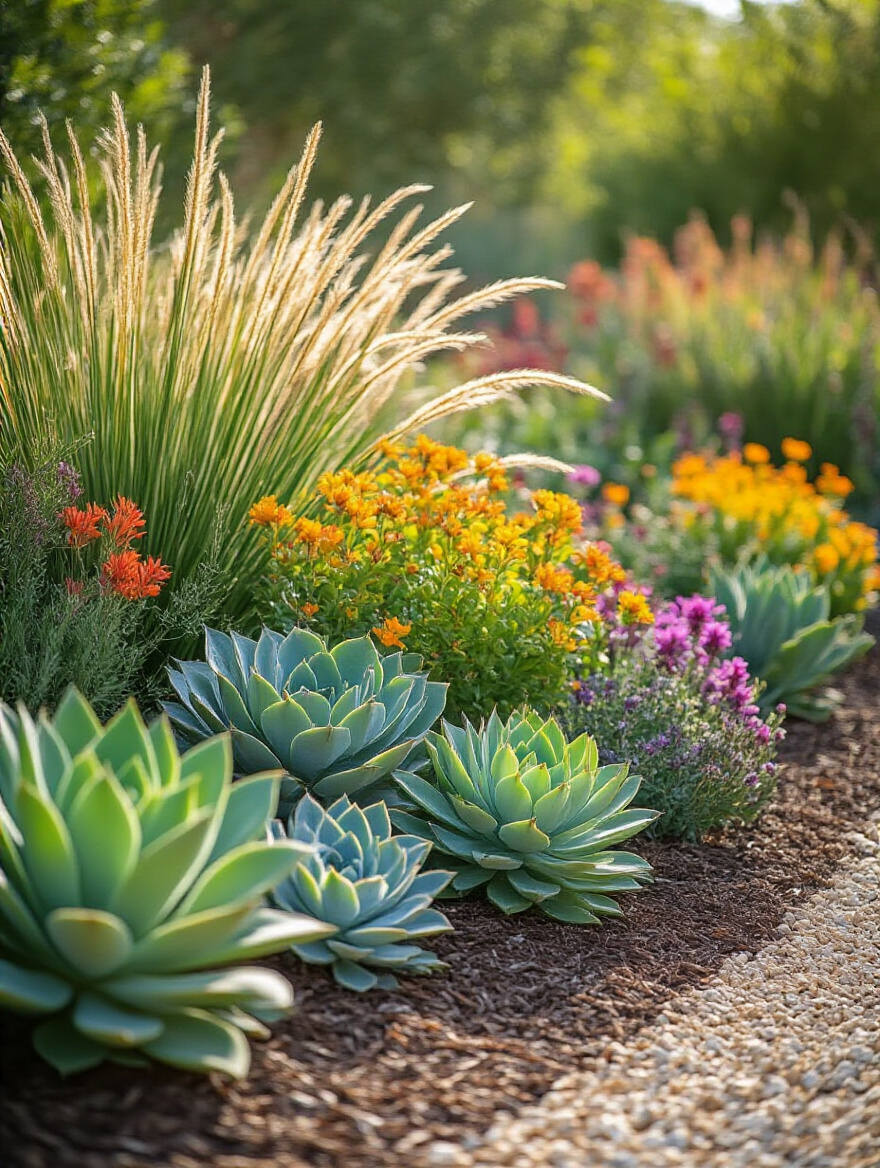 Vibrant drought-tolerant garden with succulents and ornamental grasses under soft morning light