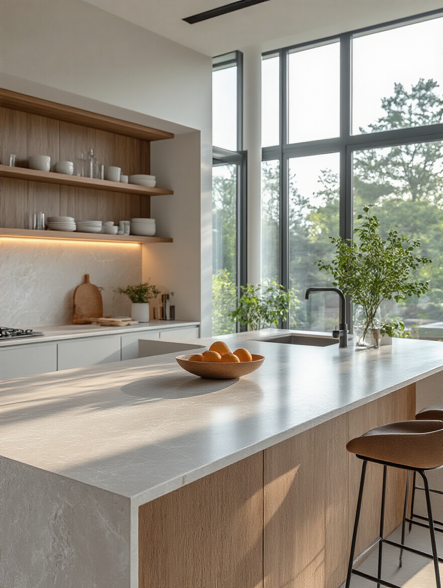 Modern kitchen countertop made of durable quartz material with waterfall edge and natural lighting