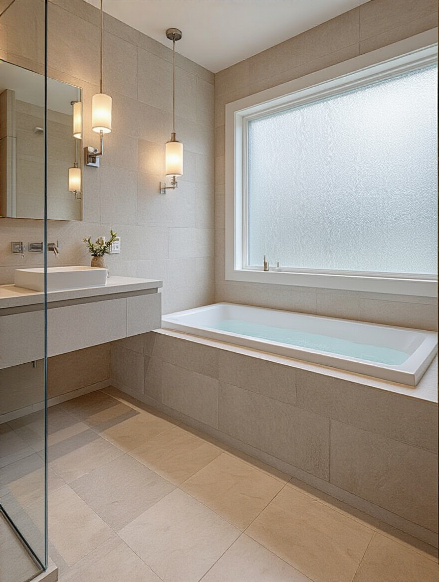 Master bathroom featuring durable materials like quartz countertops and porcelain tiles.