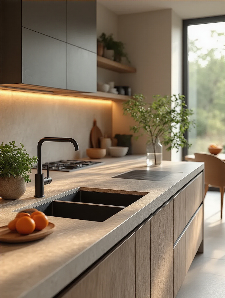 Modern kitchen with high-performance Quartz and Sintered Stone countertops, showcasing elegance and functionality.