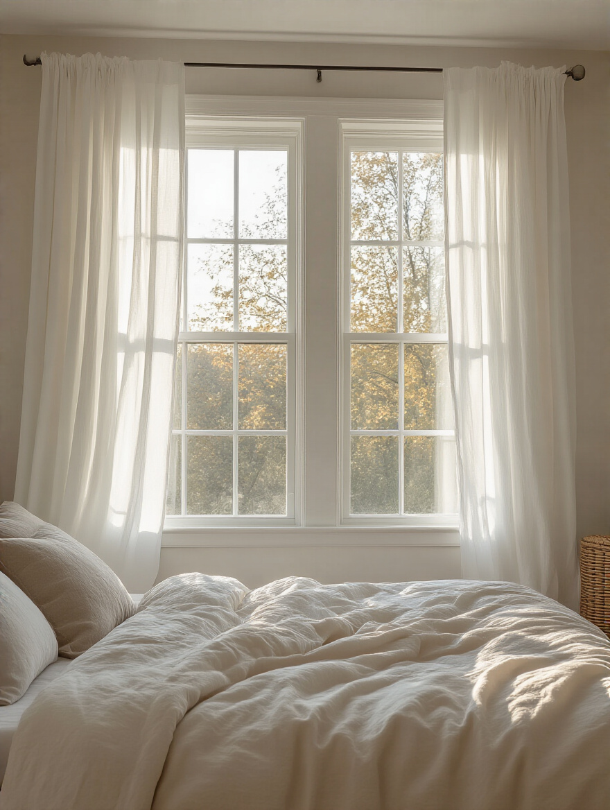 Small bedroom with large windows covered by lightweight sheer white curtains allowing natural light to fill the room